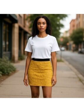 TOPSHOP mustard yellow lace mini skirt lined stretchy high-wasted party size 10